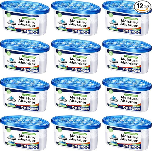 CHMI Moisture Absorbers 12 Pack， Attract and Trap Excess Moisture from Your Bathroom, Kitchen，Closet, Eliminate Musty Odors，Odor Eliminator with Fragrance Free, 6.4oz, 300ml.
