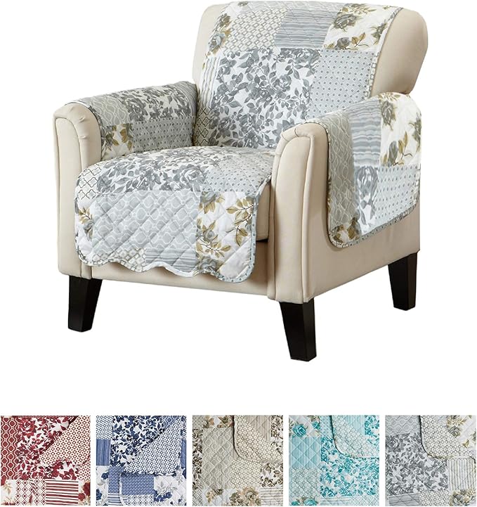Great Bay Home Reversible Patchwork Chair Cover - Washable Slipcover Furniture Protector with Elastic Straps - Chair Cover for Dogs, Kids, and Pets - Box-Stitched Detail (Chair, Grey)