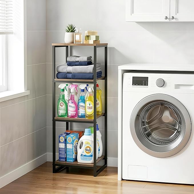 4-Tier Bathroom Shelving Unit, 33.7" H Narrow Open Floor Shelves, Metal Corner Slim Storage Rack for Bathroom Laundry Room Kitchen Living Room, Rustic Brown