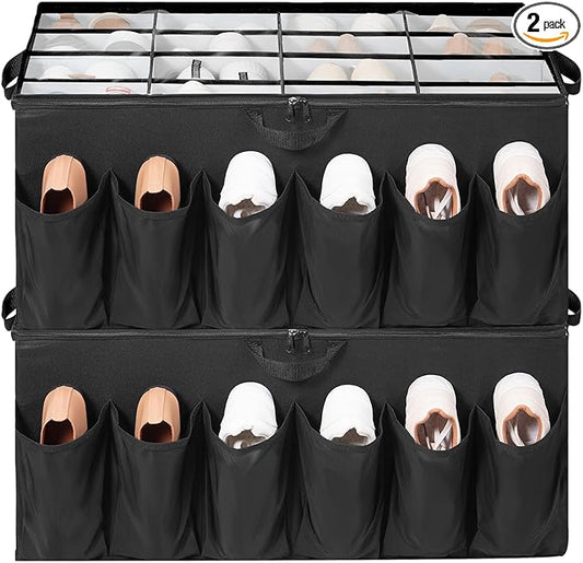 Shoe Organizer for Closet, Shoe Storage Solution with Clear Cover & Adjustable Dividers, Fabric Shoe Box Fits 16 +12 Pairs Shoes, Black, 2-Pack
