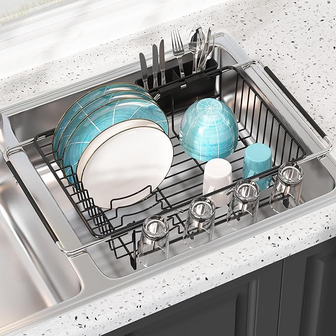 Dish Drying Rack Over the Sink In Stainless Steel Black Expandable Drainer for Small Kitchen, Counter Space Saving Compact Inside Sink Plate Dryer, Adjustable Hanging Metal Wire Strainer Drain Holder