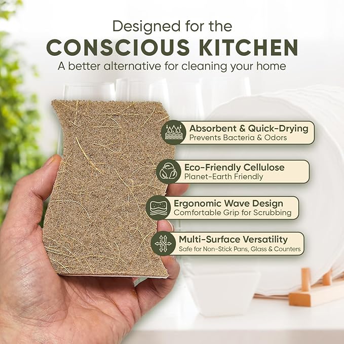 Plant-Based Kitchen Sponges (24 Pack) | FSC-Certified & PETA Approved | Natural Cellulose & Coconut Blend Scrubber Dish Sponges for Kitchen | S-Shaped Design | Eco-Friendly, Non-Scratch & Non-Toxic
