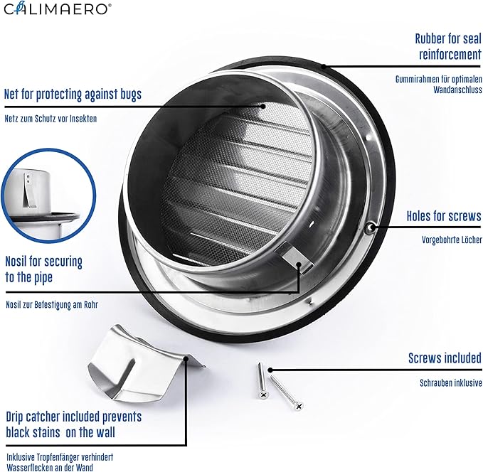 calimaero® KWG 4 inch Round Stainless Steel Dryer Vent Covers Ventilation Grill Hood with Rubber Seal Fits only in Metal Ducts