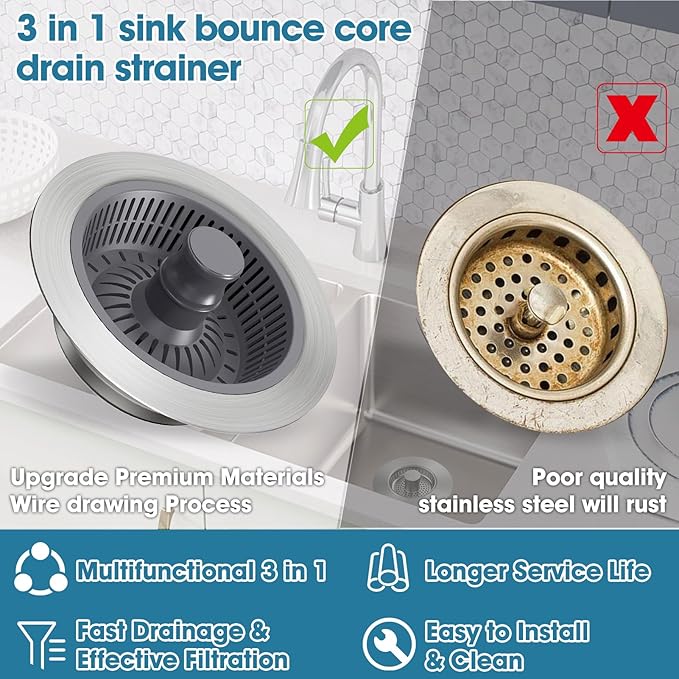 Sink Drain Strainer - Stainless Steel -Up Kitchen Sink Stopper Anti-Clog Kitchen Sink Strainer Basket for US Standard 3-1/2 Inch Drain (2 Pack)