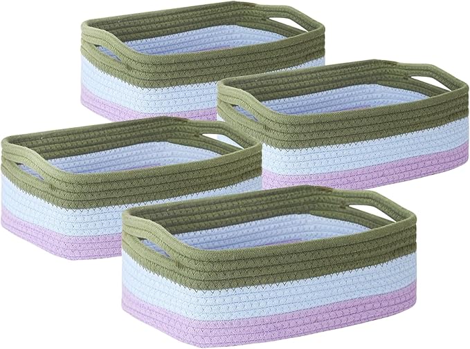 4 Pack Storage Baskets for Organizing, Small Storage Bins for Shelves, Woven Cotton Rope Baskets with Handles, Organizer Baskets for Gifts Empty, 12''Lx8''Wx4.5''H (Rainbow)