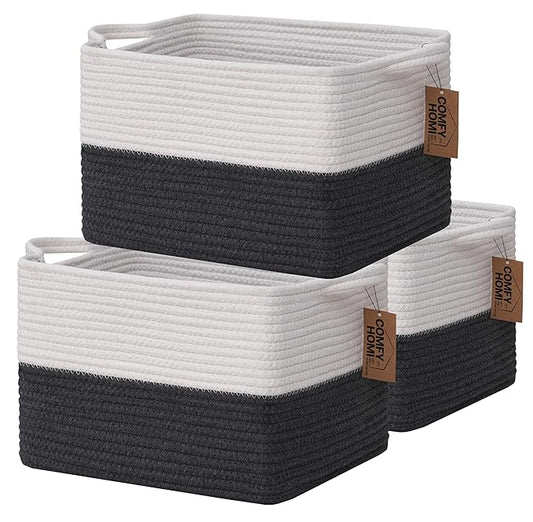COMFY-HOMI 3PACK Cotton Rope Square Basket with Handles for Shelves| Storage|Baby Basket for Gif|Shoe basket for Organizing|New13.5" x 11" x 9.5" for Living Room（White/Dark Grey）