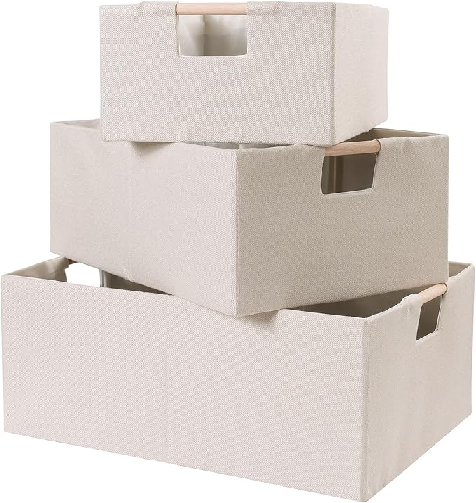 ANMINY 2PCS Storage Baskets for Organizing Collapsible Fabric Storage Bins Boxes with Wood Handles Closet Shelves Cube Organizer Bins Clothes Laundry Storage Container - Small, Beige