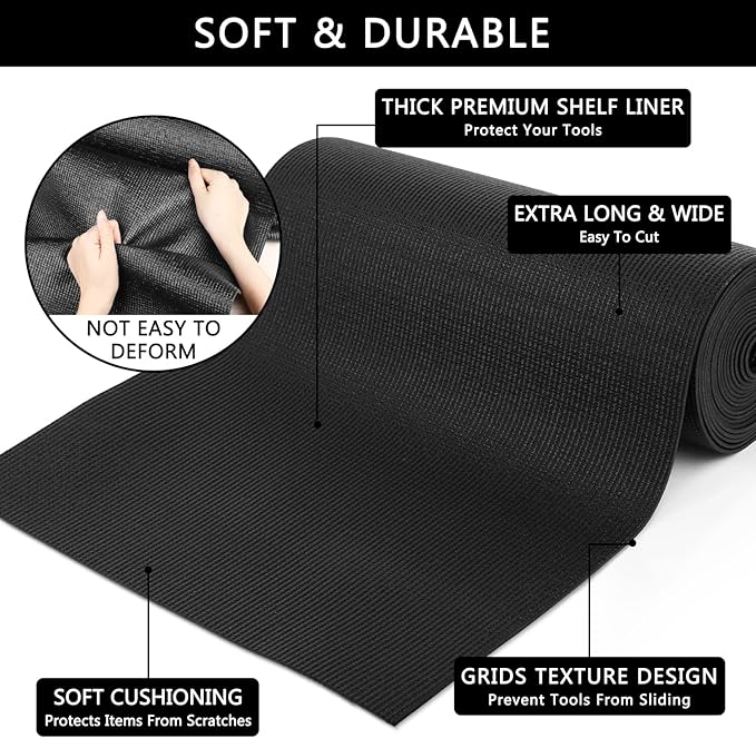 Foam Toolbox Liner Drawer Mat 1/8 Inch Thick X 20 Inch Wide X 24 Ft Long Black, No Slip for Protecting Cabinet, Garage, Cart, Tool Box