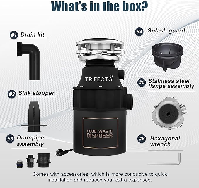 Trifecte Garbage Disposal 1/2 HP for Sink, Continuous Feed Food Waste Disposer with Power Cord, Faster and Powerful 0.5 HP Kitchen Waste Grinder with Dishwasher Hookup, Matte Black