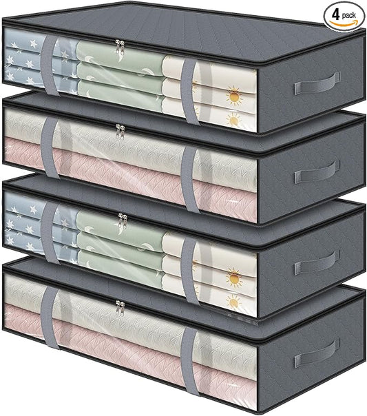 LANDNEOO 4 Pack 90L Under Bed Storage Containers - Underbed Storage for Clothes, Blankets - Closet Organizers and Storage Bags - Under the Bed Storage Bins with Handles & Clear Front