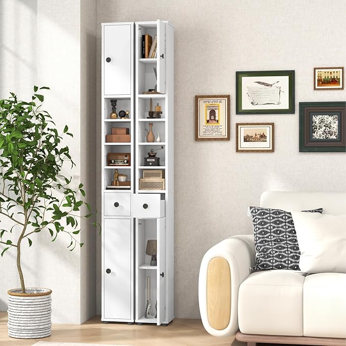 Giantex Slim Bathroom Storage Cabinet - 71” Tall Narrow Floor Cabinet Cupboard with 2 Doors, 5 Adjustable Shelves, 1 Drawer, Anti-Tipping Device, Thin Linen Tower Cabinet for Living Room (1, White)