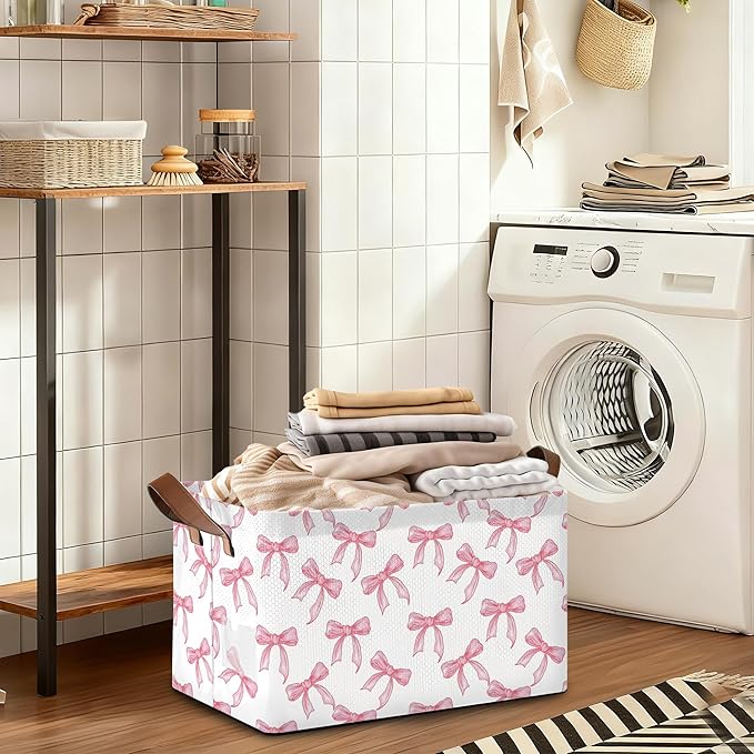 Bowknot Storage Bins with Handles, Collapsible Storage for Clothes, Gift Basket, Blankets & Closet Organization