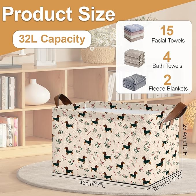 Christmas Dachshund Storage Bin with Handles, Basket Storage Organizer for Shelves, Closet, Nursery, Book, Laundry Hamper & Home Decor
