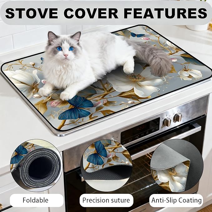 Glass Stove Top Covers for Electric Stove, Heat Resistant Counter Protector Mat, Non Slip Waterproof Surface Cover for Kitchen Counter and Cooktop (White Flowers, 28"L x 20"W)