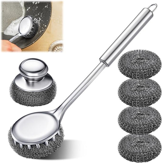 6 Pack Stainless Steel Scrubber with Handle, Silver Stainless Steel Pan Cleaner Deep Cleaning Scrubber for Dishes Tableware Home Kitchen Cast Iron, Stock Pots, Pans