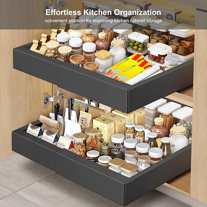 2Pack Expandable Pull Out Cabinet Organizer 21" Deep with Raising Pad for Framed Cabinets, Roll Out Shelves Adhesive, Adjustable Width 12.24"-20.5" W