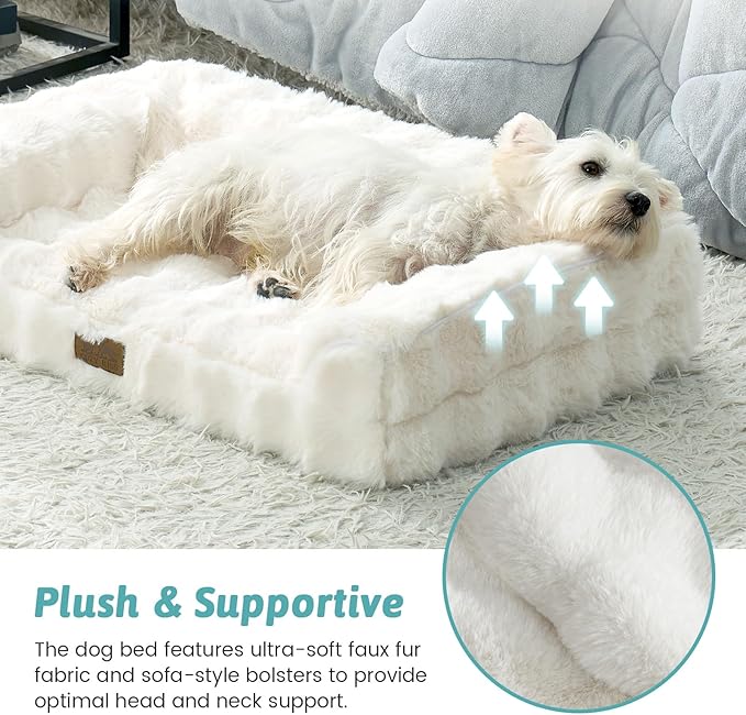 Faux Fur Orthopedic Dog Bed, Dog Bed for Medium Size, Supportive Foam Pet Sofa with Waterproof Lining Cover, Washable U-Shaped Pet Couch with Anti-Slip Bottom, Beige M 30x20x6.5 inch