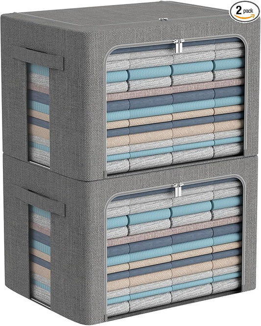 CYhom Extra Large Clothes Storage Bins - Linen Fabric Foldable Stackable Container Organizer Set with Clear Window & Carry Handles & Metal Frame (Dark Gray, Extra Large-100L)