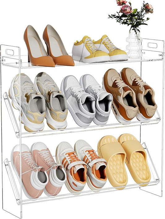 Acrylic Shoe Rack 3-Tier Clear Shoe Organizer for Closet, Shoe Shelf Storage for Entryway (Clear, 27.5“×6.7”×27“)