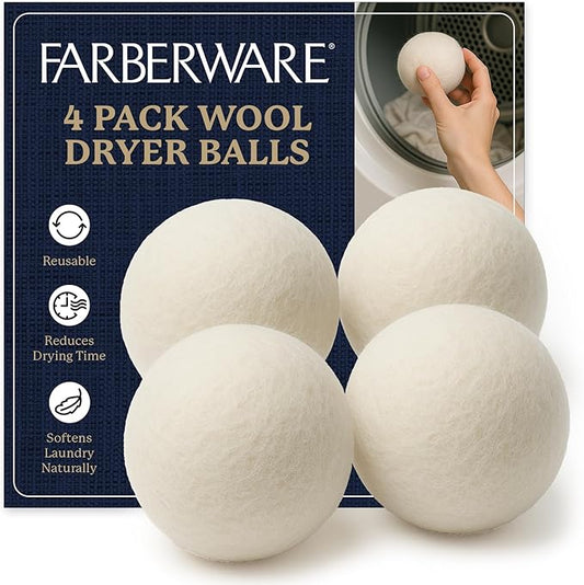 Farberware Wool Dryer Balls 4 Pack – Reusable 100% Wool Balls for Dryer – Natural Fabric Softener for Laundry, Towels & Bedding, Replaces Fabric Sheets & Liquid Softeners