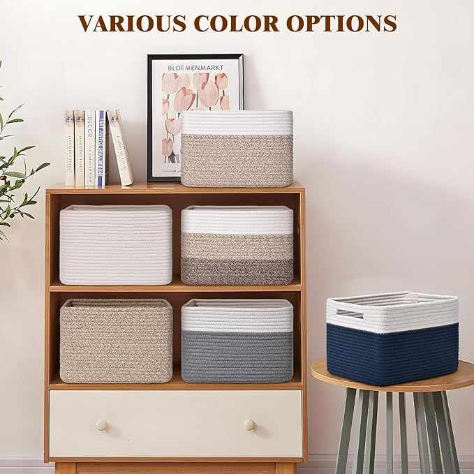 Storage Baskets for Organizing, 4 Pack Baskets for Shelves, Decorative Storage Bins for Shelves, Cotton Rope Storage Basket with Handles, Woven Basket for Storage, 13''Lx8.7''Wx7.9''H, Gradient Brown