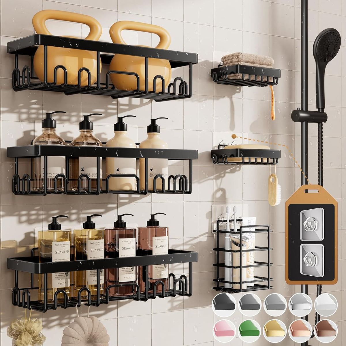 Veken Shower Caddy 6-Pack, Advanced Rustproof Design, No Drilling Adhesive Shelves, Rack with Soap Holder, Large Capacity Bathroom Organizers and Storage, Wall-Mounted Kitchen & Home Decor
