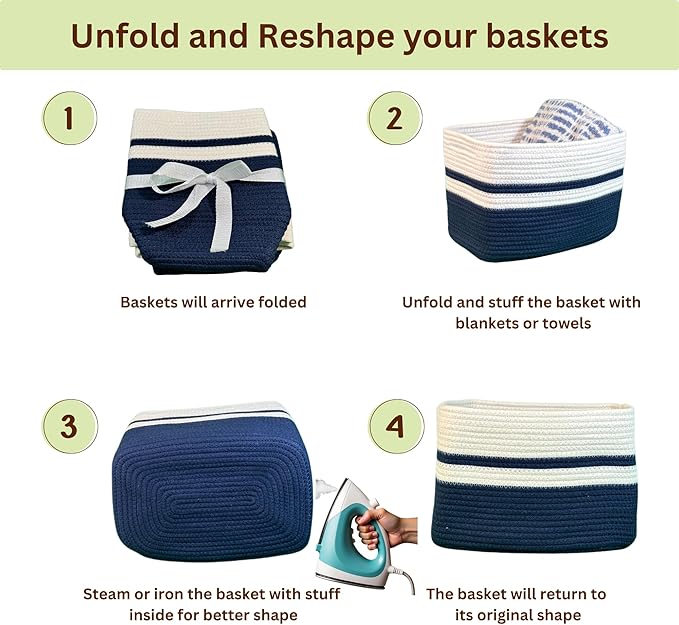 Cotton Rope Baskets for Organizing and Storage, Woven Decorative Baskets for Shelves, Books, Closets. Storage Bins for Living Room, Bedroom | Pack of 3 | Blue
