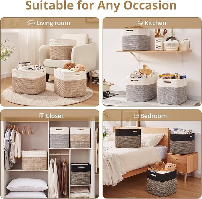 OIAHOMY 13 Kallax Inch Cube Storage Bins, 3-Pack Cotton Rope Woven Baskets for Organizing, Kallax Insert Storage Baskets for Shelves, Baby Nursery, Closet Organizer, 13 * 13 * 12.6IN, Grey & White