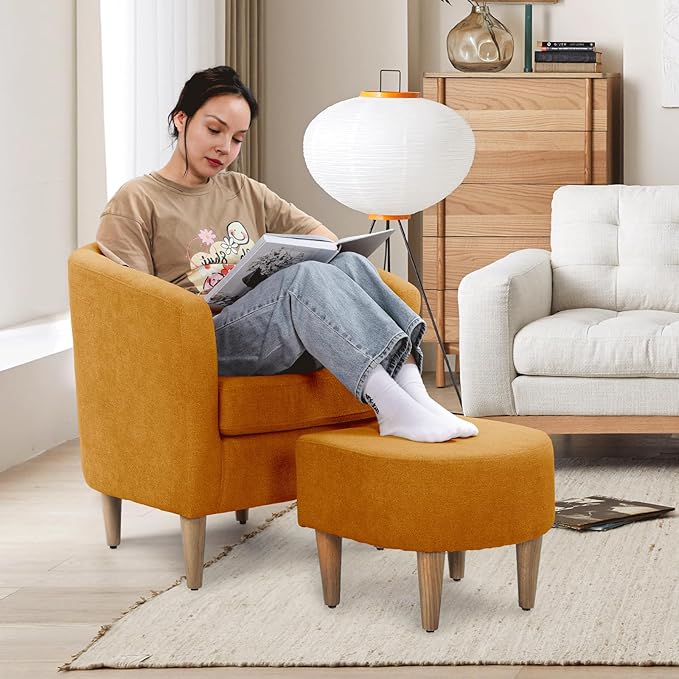 Athena Collection Modern Barrel Accent Chair with Ottoman, Furry Cozy Reading Arm Chair for Adults, Comfy Uphosltered Sofa Armchair with Footrest for Living Room, Bedroom, Small Space, Yellow