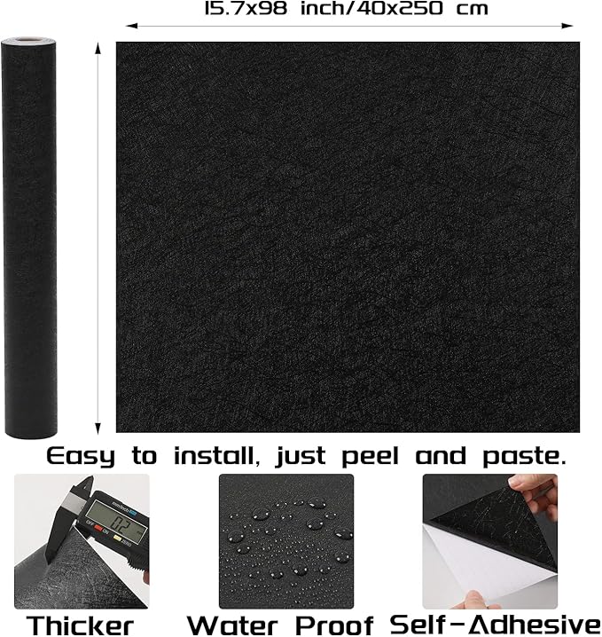 Peel and Stick Wallpaper Black Silk Wall Paper - 15.7 x 98 Inch Self Adhesive Wallpaper Peel and Stick, Easy to Paste Wall Contact Paper for Stand Liner, Table and Door Makeover Decor