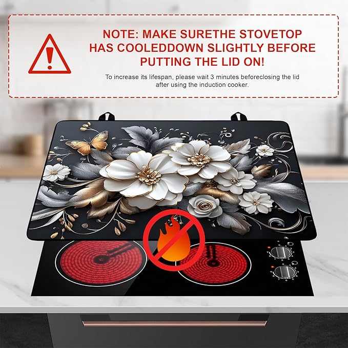 White flower Stove Top Cover Retro Flower Gas Stove Top Cover for Home Decoration Kitchen Pad Non-Stick Washable Cooktop Covers Countertop Protector Keep Stove Clean 28"x20"