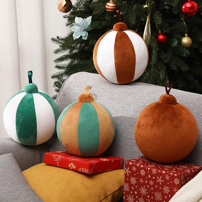 2 Pcs Christmas Pillows 7 Inch Round Christmas Ornament Shaped Throw Pillow Cute 3D Ball Xmas Throw Cushion Decoration for Bed Couch Sofa Chair Living Room(Brown Green,White)