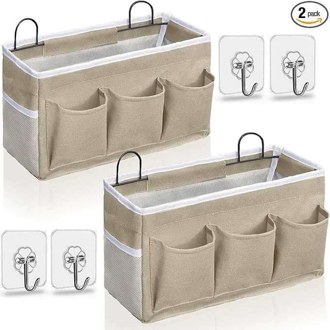2pcs Light-Style Wall Hanging Storage Bag, Linen Fabric Door Hanging Organizer Baskets with Pockets, Waterproof Bin for Bedroom, Kitchen, Office, RV Camper (LightKaki-2pcs)