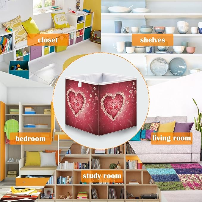 Bolaz Romantic Valentines Day Flowers Closet Organizers Storage Cubes Storage Bins Shelf Baskets Containers for Home Room Office,Square
