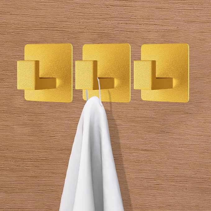 VAEHOLD 6PACK Adhesive Towel Hooks, Heavy Duty Wall Hooks Aluminum Black Hooks for Hanging Coat, Hat, Towel, Robe, Clothes, Shower Hook for Door, Office, Kitchen, Bathroom (Gold)