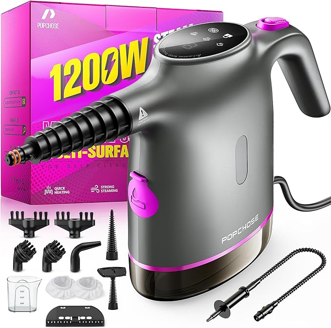 POPCHOSE Handheld Steam Cleaner for Home, Portable Pressurized Steamer for Cleaning Grout, Surfaces, Bathroom, Couch, 20S Fast Heat Up, 12 Accessories, Steam Adjustable, Safety Lock, Graypurple