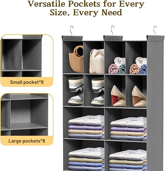 Ofiray-home 5 Tier Hanging Closet Organizer, 14 Compartments Sweater Organizer for Closet with 3 Sturdy Hooks, Closet Organizers and Storage, Wardrobe, Rv, Garment Rack, Grey