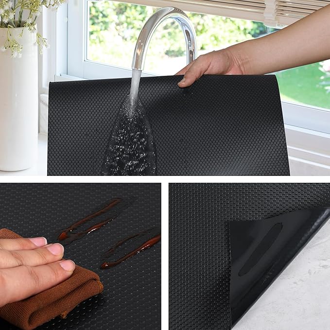 Black Shelf Liners for Kitchen Cabinets Non Adhesive Drawer Liner for Bathroom Waterproof Refrigerator Liners for Shelves Fridge Plastic Mats Cabinet Cupboard Liner 17.5 x 236.2 Inches x 2 Rolls
