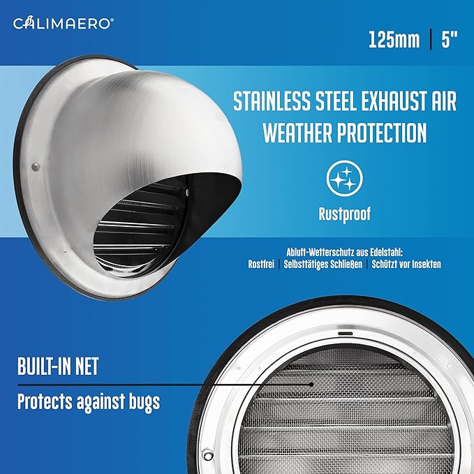 calimaero® KWG 5 inch Round Stainless Steel Ventilation Grill Hood with Rubber Seal Fits only with Metal Ducts