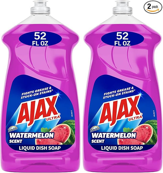 Ajax Ultra Liquid Dish Soap with Fabuloso Watermelon Scent, Fights Grease and Stuck-On Stains, Deep Cleaning Action, Mess-Free, Easy-Flip Cap, 52 fl oz Bottle (Pack of 2)