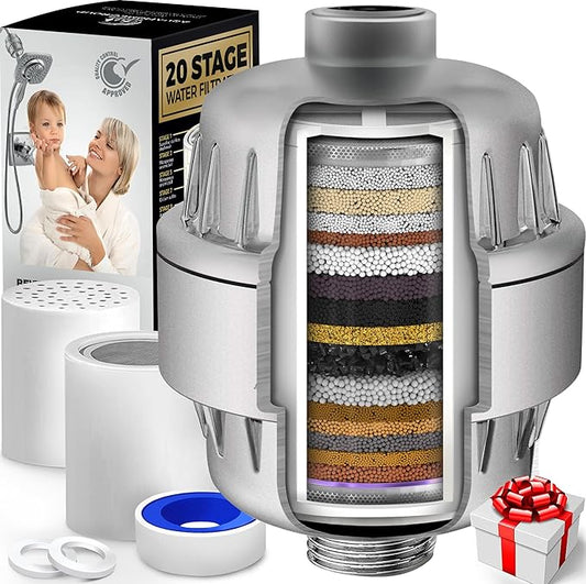 AquaHomeGroup 20 Stage Shower Head Filter with Vitamin C E A - High Output Water Filters to Remove Chlorine and Fluoride - 2 Cartridges Included - Consistent Flow Showerhead Filter