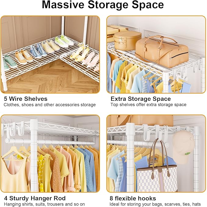 E15 Plus Garment Rack L Shaped Clothes Rack for Corner，Freestanding Clothing Racks for Hanging Clothes，Heavy Duty Closet System with 4 Hanging Rods & 8 S Hooks，48.5" W x 35" D x 78.4" H，White