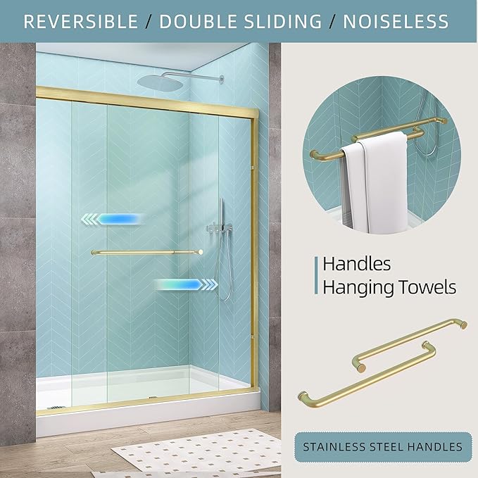 GETPRO Shower Door Double Sliding 56-60 in. W x 72 in. H Semi-Frameless Bypasss Bathroom Glass Shower Sliding Doors,1/4 inch Clear Tempered Glass Door for Walk-in Shower Brushed Gold
