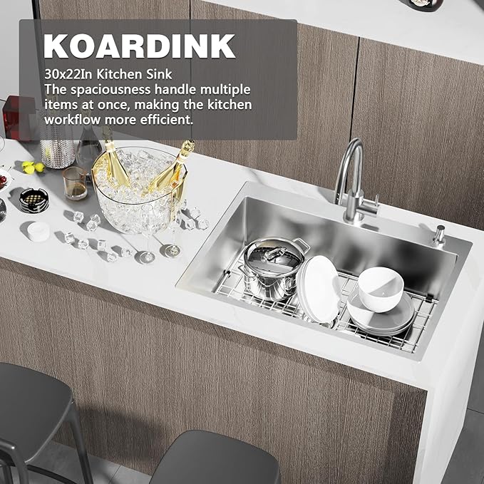 30x22 Inch Stainless Steel Kitchen Sink - Drop In Single Bowl Topmount Modern Large Kitchen Sink With SS Grid, Colander,Drain Strainer Set Compatibility With Various Kitchen&Bar Style