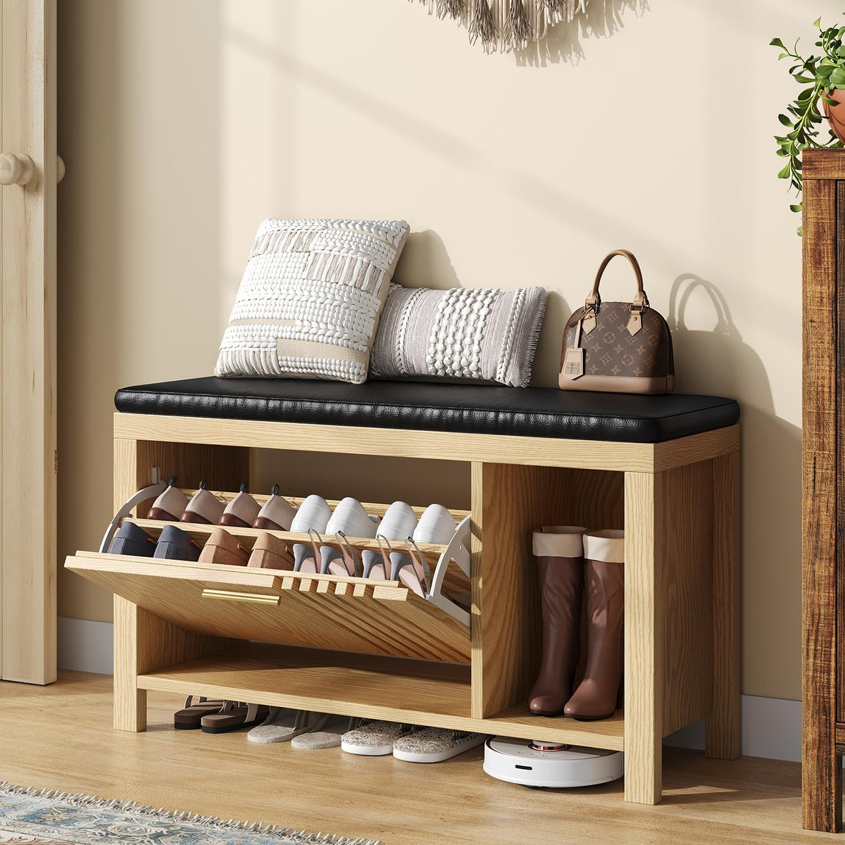 UNIQUITE 40" Shoe Storage Bench with Flip Drawers & Padded - Image 1