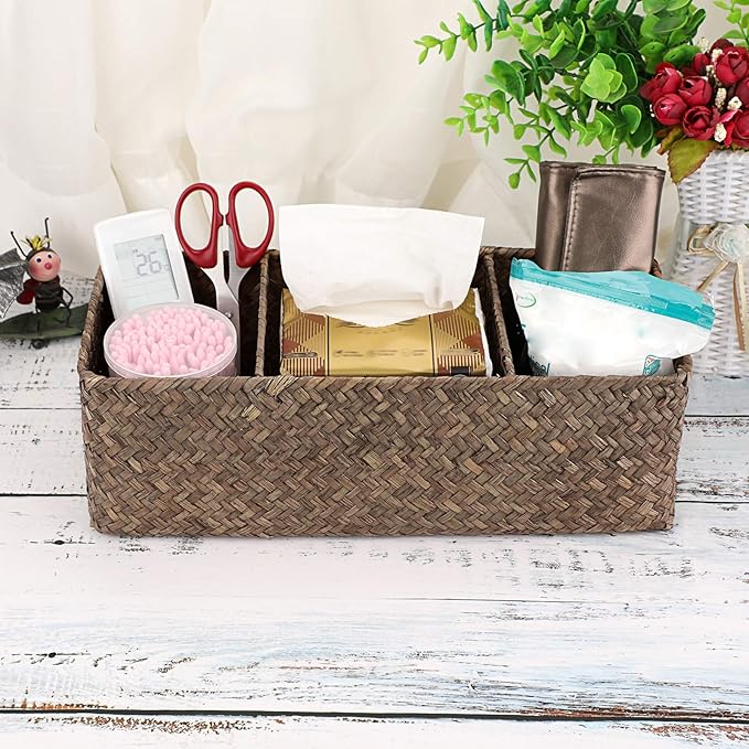 Hipiwe Seagrass Nesting Storage Basket - 3 Compartment Hand-Woven Wicker Toilet Paper Storage Bin Bathroom Organize Basket for Shelves, Kitchen Cabinets, Bathroom, Closets Organizer