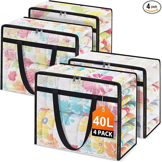 Clear Under Bed Storage Containers - 4 Pack Large Capacity Clothes Storage Bags with Lid & Sturdy Handles, Foldable Moving Bags, Clothing Organizer Totes for Bedding, Comforter, Sheet（40 L）