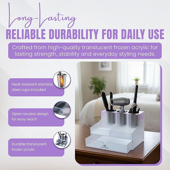 NovaHeavensNest Premium Vanity Hair Tool Organizer Translucent Frozen Acrylic | Large Bathroom Organizer Countertop & Drawer Storage for Hair Tools | Slip-Resistant Hairdryer & Curling Iron Holder
