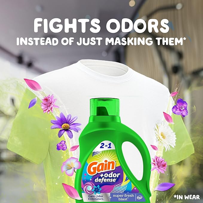 Gain Odor Defense Liquid Laundry Detergent, Super Fresh Blast Scent, 194 fl oz, 134 loads, 2 in 1, Laundry Detergent Liquid Soap, HE compatible