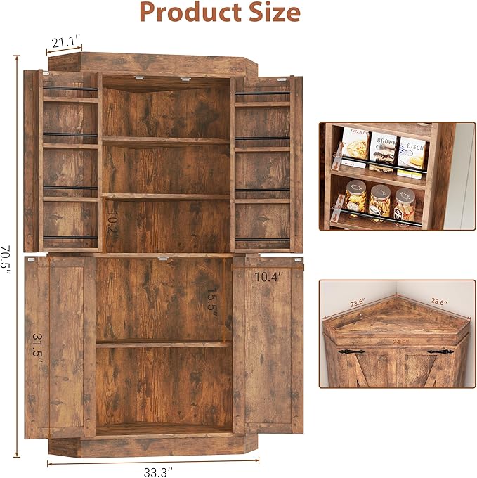 Corner Kitchen Pantry Storage Cabinet with Doors, Kitchen Hutch, 71'' Tall Food Storage Cabinet Furniture for Living Room, Dining Room (Brown)